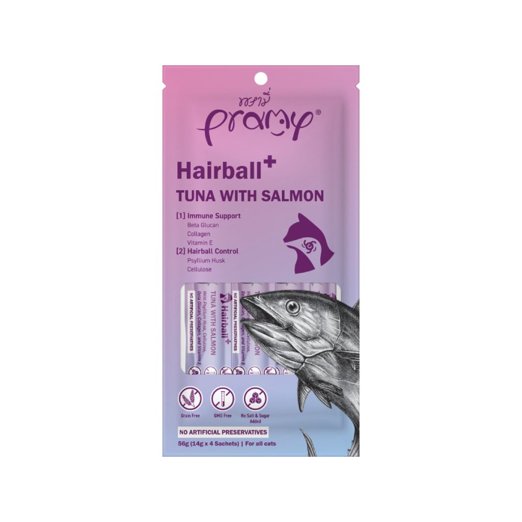 Pramy poslastica za mačke Hairball s tuno in lososom 4 × 14 g